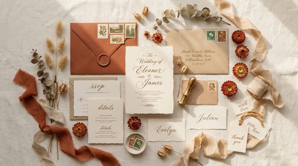 Papelería de boda coordinada con invitaciones y tarjetas